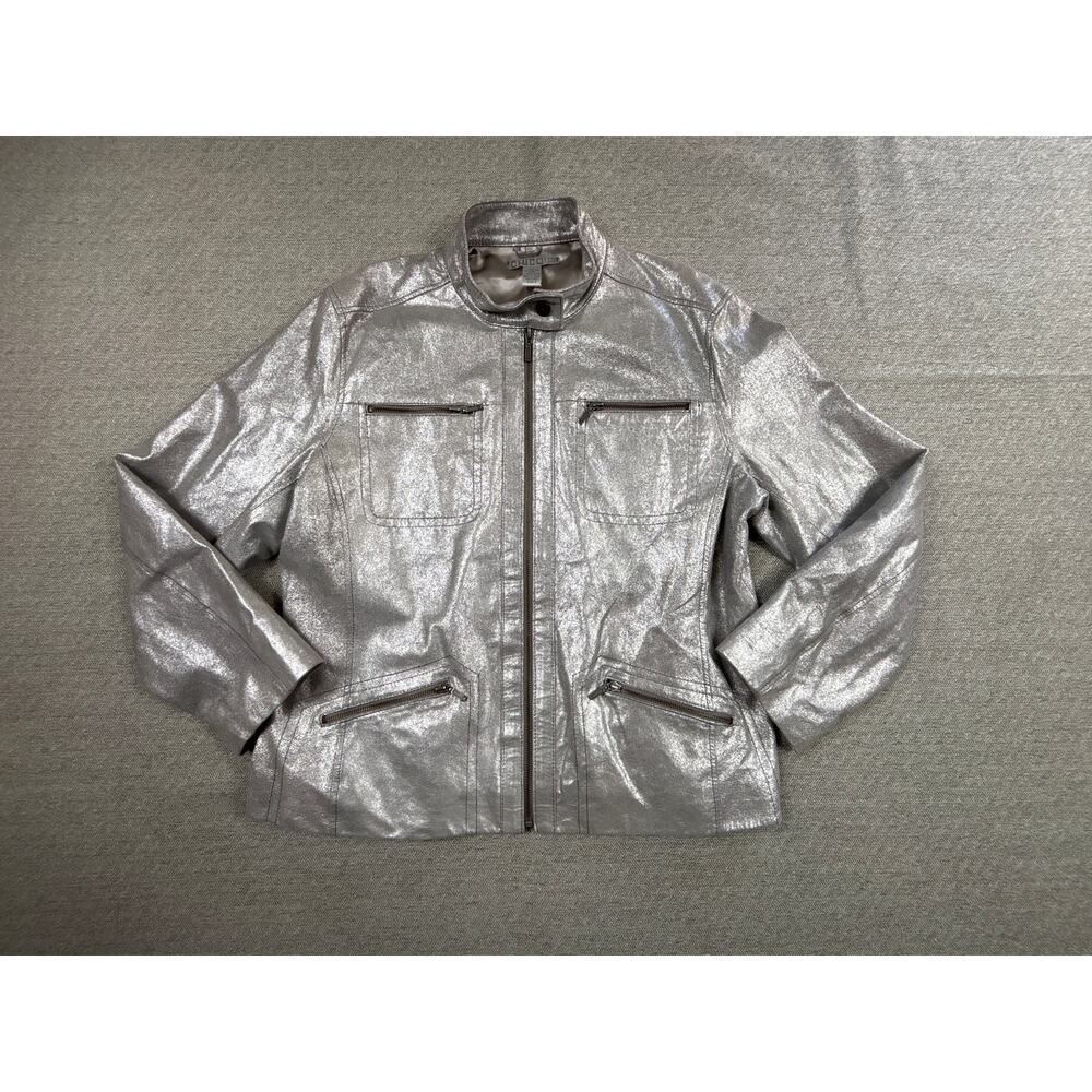 Chicos Size 3 Leather Jacket Silver Zip Up Bomber Coat Y2K Style Glam Retro